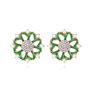 Vintage Flower Stud Earrings Zinc Alloy Enamel Rhinestone Imitation Artificial Pearl Elegant Court Style Accessories For Women