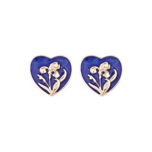 Elegant vintage heart stud earrings with blue enamel and golden floral relief pattern