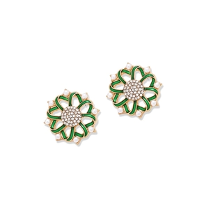 Retro flower earrings with green enamel petals and white pearls on gold base