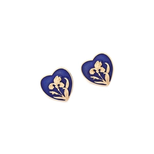 Elegant heart-shaped blue enamel earrings with gold iris flower relief for women