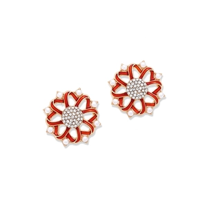 Detail of vintage red enamel flower earrings with gold plating, rhinestones and pearls