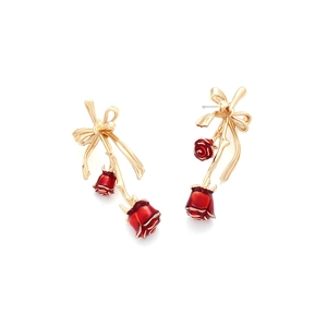 Elegant long red rose earrings with golden bows and enamel finish for women