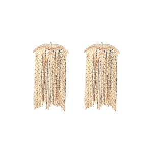 Elegant gold bird earrings with cascading long metal chain tassels in a vintage style