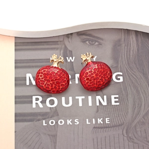 Fashionable pomegranate drop earrings with red enamel glaze and gold metal stems for women