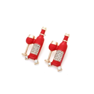 Sparkling gold-tone wine bottle and glass earrings with red enamel and crystals