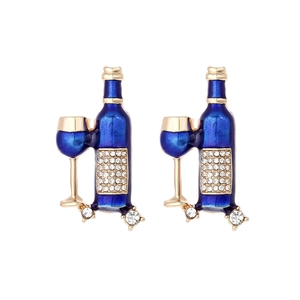 Blue enamel wine bottle and glass earrings with gold finish and sparkling rhinestones