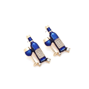 Creative gold alloy drop oil wine bottle and glass earrings with sparkling rhinestones