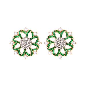 Vintage floral drop earrings with green enamel, crystals and pearls in gold finish