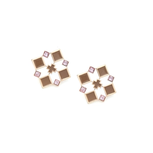 Vintage geometric square earrings with coffee plaid pattern and pink crystals on gold base