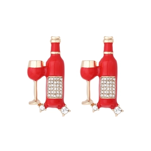 Creative red wine bottle and glass earrings with gold metal base and white rhinestones