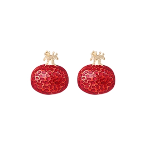 Vibrant red pomegranate enamel earrings with gold branch details on white background