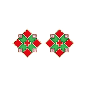 Retro geometric earrings with colorful enamel plaid and crystals in a vintage gold setting