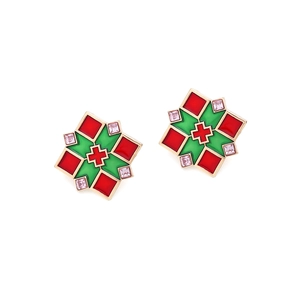 Detail of geometric vintage earrings with red green enamel and pink zircon stones