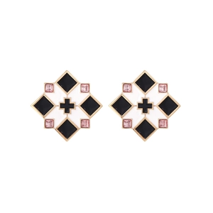 Vintage geometric enamel stud earrings with golden cross and pink crystals in plaid style