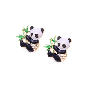 Cute panda earrings with bamboo design and sparkling rhinestones in gold finish