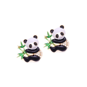 Detailed close-up of cute panda stud earrings with bamboo and rhinestone accents