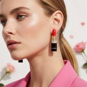 Boucles Oreilles Pendantes Forme Rouge Lèvres Alliage Émail Détails Strass Et Tige En Acier Inoxydable Pour Femmes Mode