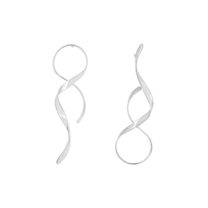 Silver asymmetric spiral metal ribbon earrings with a minimalist artistic design