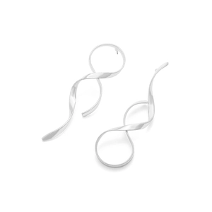 Detailed view of silver asymmetric spiral earrings with curved metallic streamer design