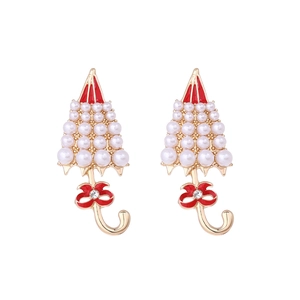 Cute gold-tone umbrella stud earrings with white faux pearls and red enamel bows