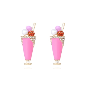 Pink dessert-style milkshake cup earrings with crystals and pearls in gold finish
