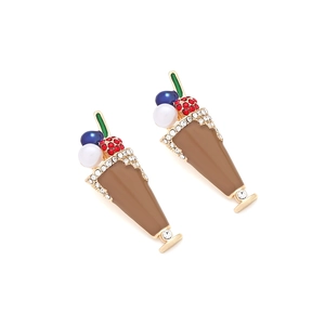 Creative milkshake cup earrings with brown enamel and pearls in golden finish
