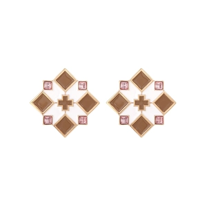 Retro geometric square earrings with gold frames, brown enamel, and pink crystal accents