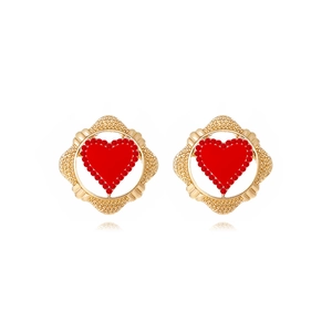 Elegant gold earrings featuring hollow red heart centers with sparkling rhinestones