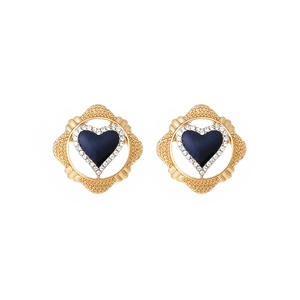 Elegant gold heart earrings with blue enamel center and sparkling rhinestones