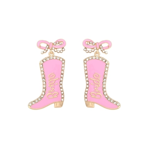 Rosa Western-Cowboystiefel-Ohrringe mit Bride-Schriftzug und rosa Emaille-Schleife