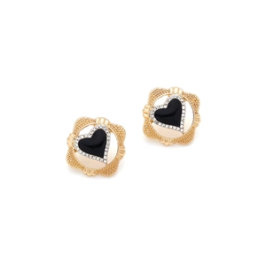 Detail of gold hollow square earrings with black heart enamel and micro-pave crystals