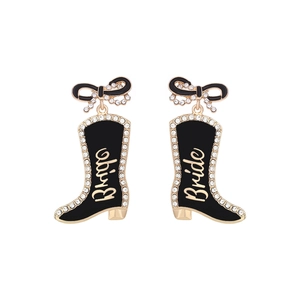 Westliche schwarze Cowboy-Stiefel-Ohrhänger mit Bride-Text und Kristall-Schleifen-Detail