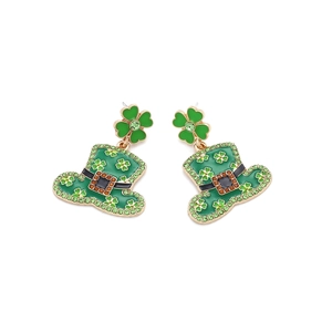 Green St. Patrick's Day clover and top hat earrings with sparkling crystals and enamel