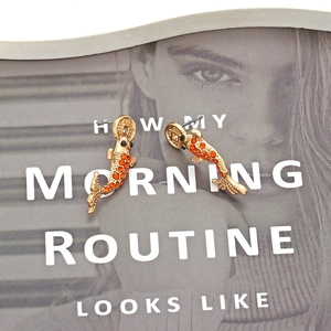 Golden koi fish earrings with orange rhinestones and ancient Chinese coin accents
