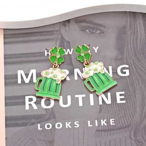 St. Patrick's Day green beer mug earrings with four-leaf clover and emerald rhinestones