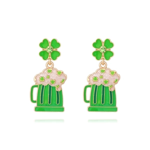 Saint Patrick's Day green beer mug earrings with four-leaf clover and gold finish