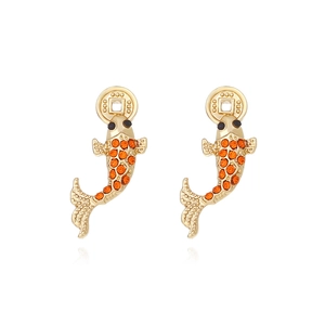Koi Fish Stud Earrings Zinc Alloy Orange Rhinestone Chinese Style Lucky Coin Retro Festive Jewelry For Women