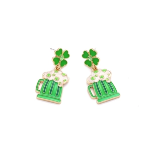 Detailed view of Saint Patrick's Day beer mug earrings with green clover and gold plating