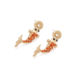 Traditional Chinese style koi fish earrings with orange crystals and gold coin details