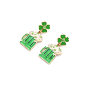 Green St. Patrick's Day beer mug and shamrock drop earrings with sparkling rhinestones