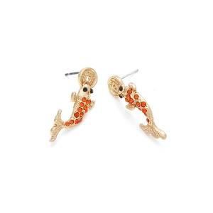 Traditional Chinese koi fish earrings with gold alloy, orange rhinestones and coin studs