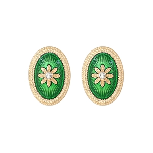 Vintage oval green enamel earrings with gold floral design and crystal accent