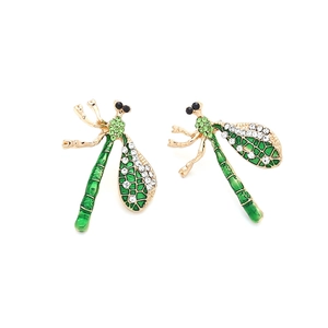 Golden dragonfly stud earrings with green enamel and sparkling rhinestones for women
