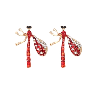Elegant gold-tone dragonfly stud earrings with red enamel and sparkling rhinestones