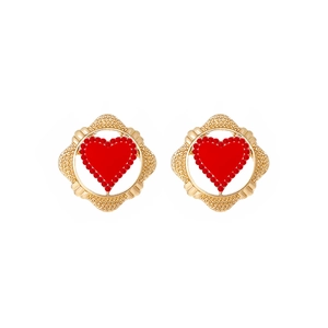 Elegant gold square stud earrings with red heart and sparkling rhinestones for women