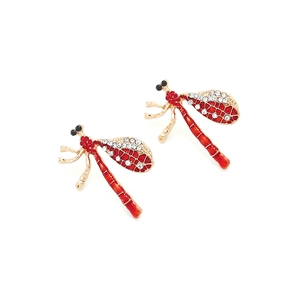 Detail of dragonfly earrings with red enamel wings and sparkling crystal rhinestones
