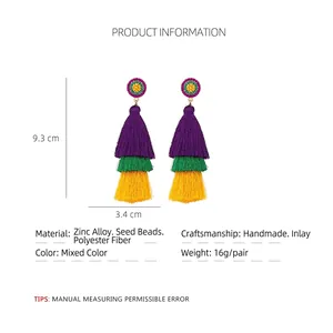Three-layer tassel earrings in purple, green and yellow with dimensions 9.3cm by 3.4cm