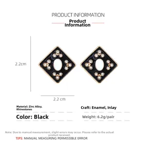 Detailed technical spec sheet for geometric enamel stud earrings with crystal inlay