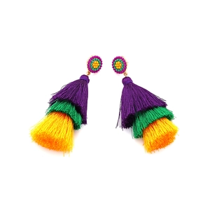 Three-tier colorful tassel drop earrings with beaded bohemian studs for women