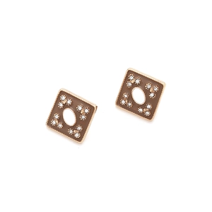 Vintage brown enamel square stud earrings with crystal flower accent and gold border
